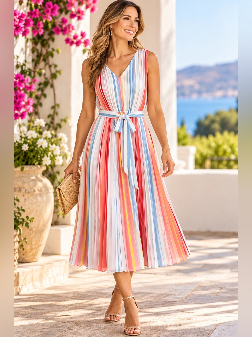 LOFT Pleated Striped Midi Dress Size M Multicolor Belted Fully Lined